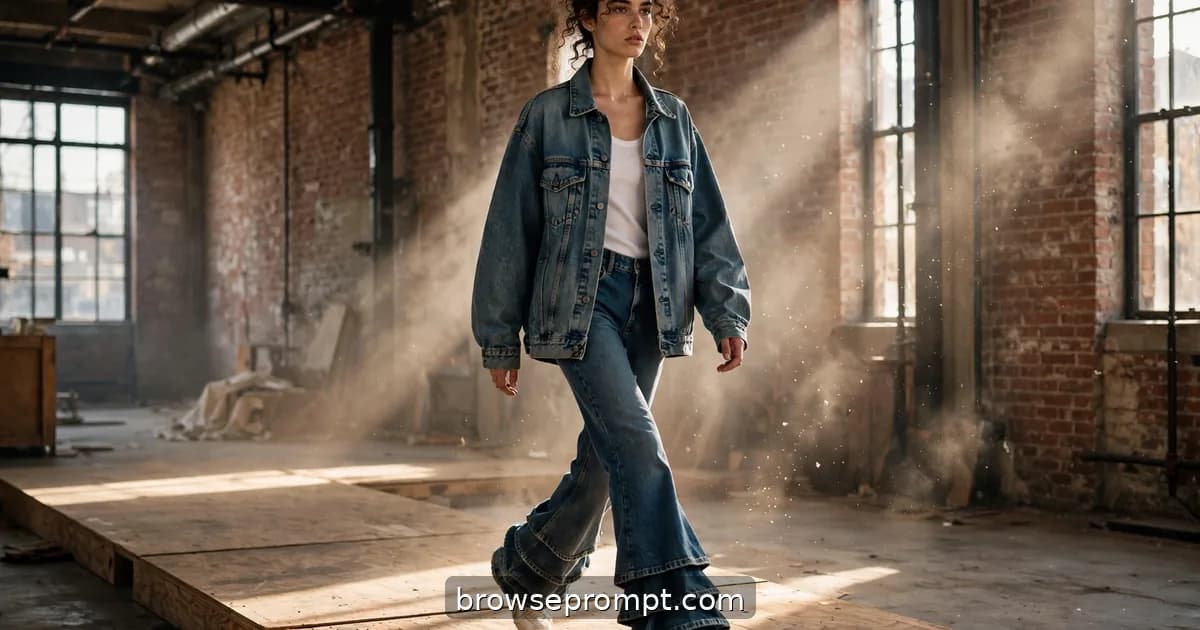 A model in head-to-toe raw selvedge denim strides down a plywood runway inside a brick-walled industrial loft.