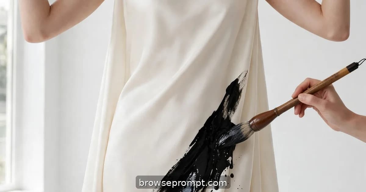 A calligrapher paints bold black brushstrokes onto the ivory silk gown of a poised model in a white studio.