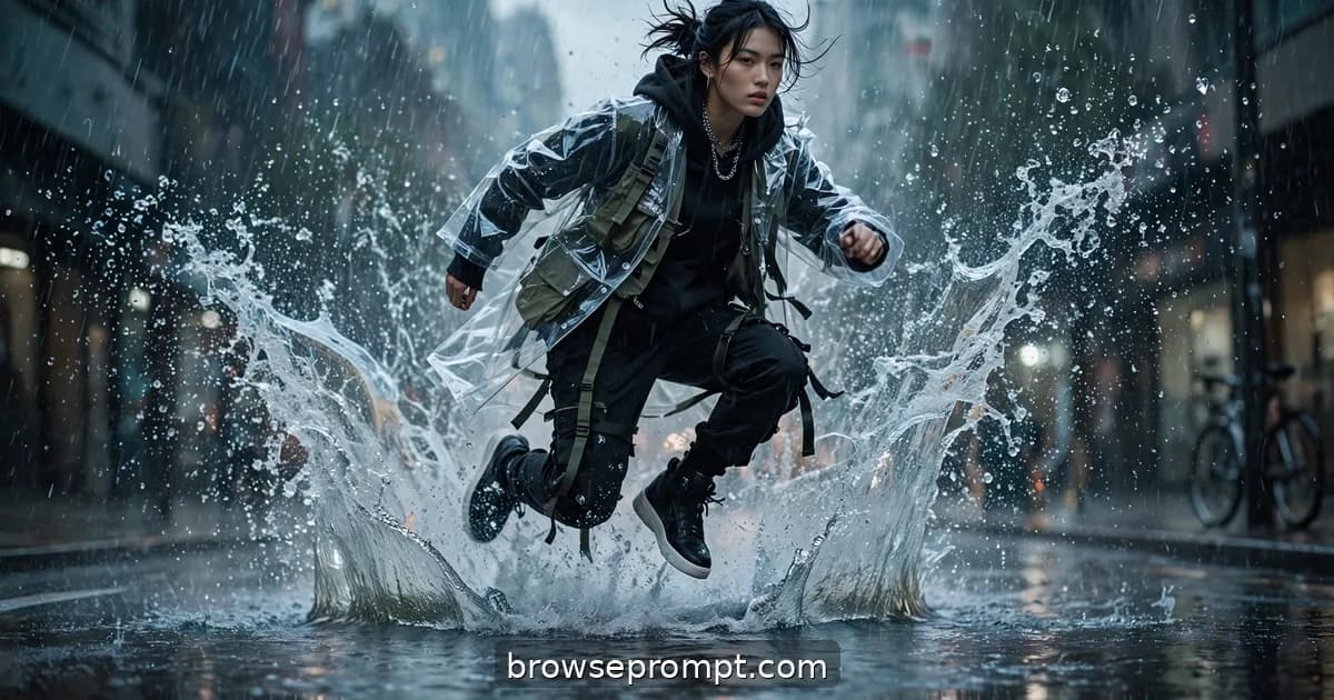 A model in layered streetwear under a transparent raincoat jumps a wide puddle in slow motion, water crowning upward.