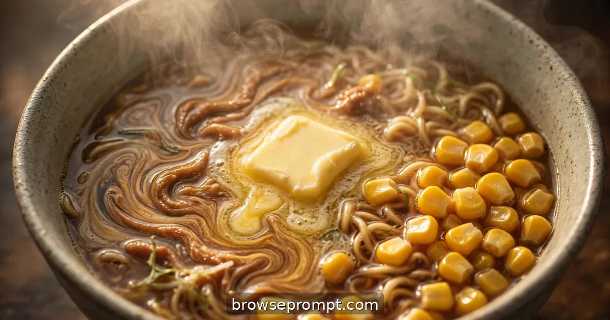 A pat of butter melting into swirling miso ramen broth, sweet corn glistening, thick fragrant steam rising.
