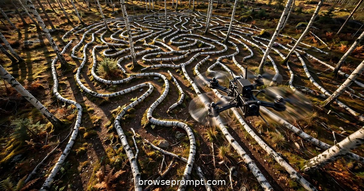 Aerial nature cover art: an FPV drone weaves a labyrinth of white birch trunks, black marks flashing past.