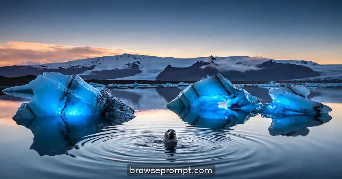 Glowing blue icebergs doubled in the mirror-still water of Jökulsárlón lagoon at blue hour.