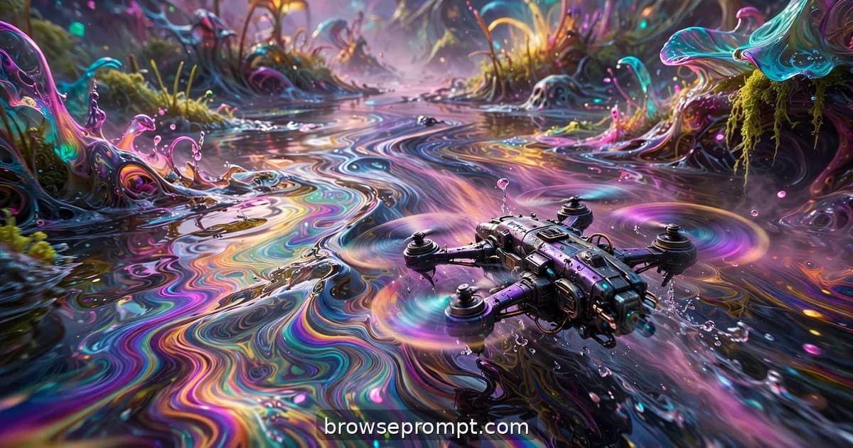 A drone skimming a shimmering alien marsh where the air ripples with chemical heat.