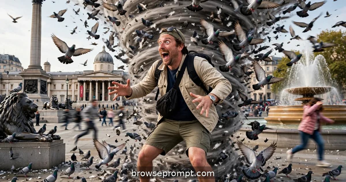 Comedic cover art: a tourist in Trafalgar Square attempts to befriend one pigeon and accidentally summons the entire flock into a feathered tornado.