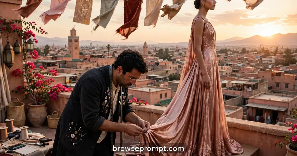 A couturier pins the hem of a rose-gold gown on a model standing on a rooftop terrace above the Marrakech medina.