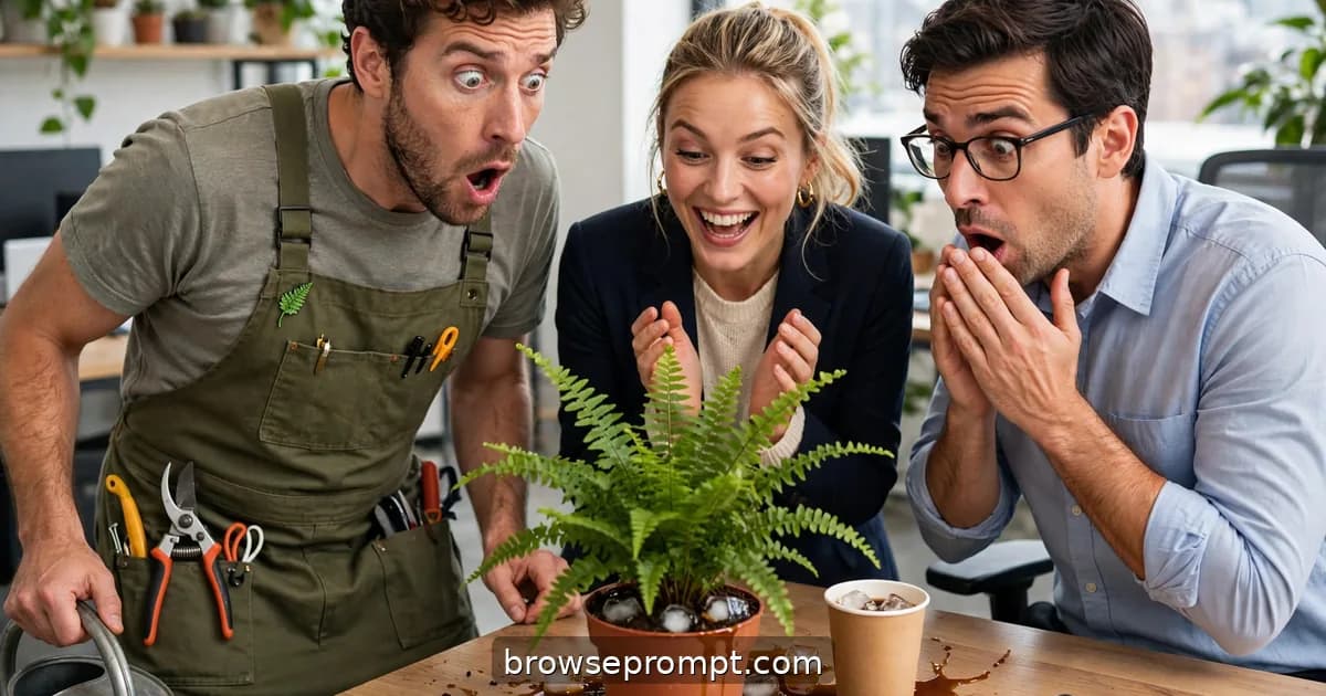 Comedic cover art: the office's beloved plant caretaker discovers someone has been watering his prize fern with cold coffee, and launches an investigation.