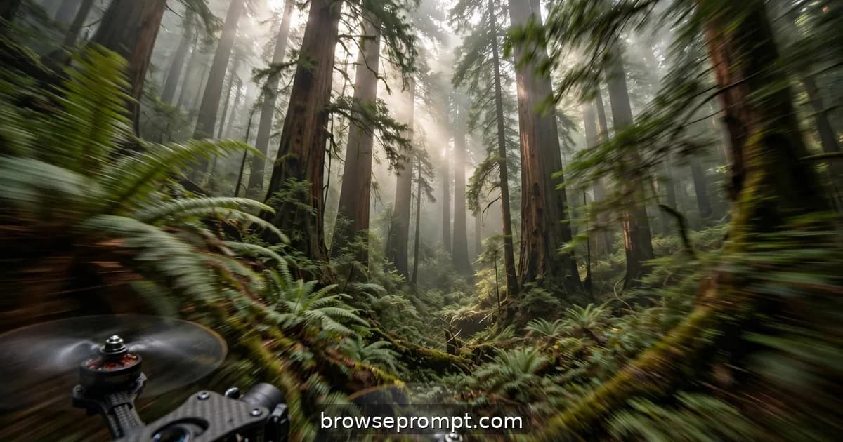 Aerial nature cover art: an FPV drone threads ancient redwoods at speed, ferns and fog blurring past the lens.