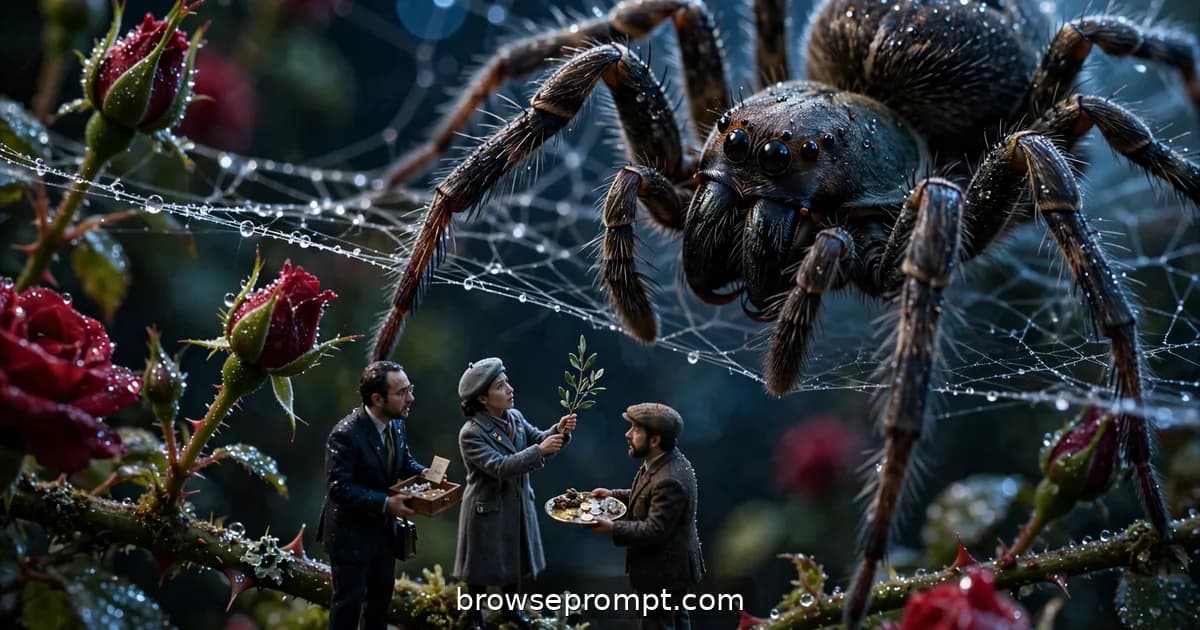 Tilt-shift photo of tiny diplomats negotiating with a giant spider in a moonlit web.