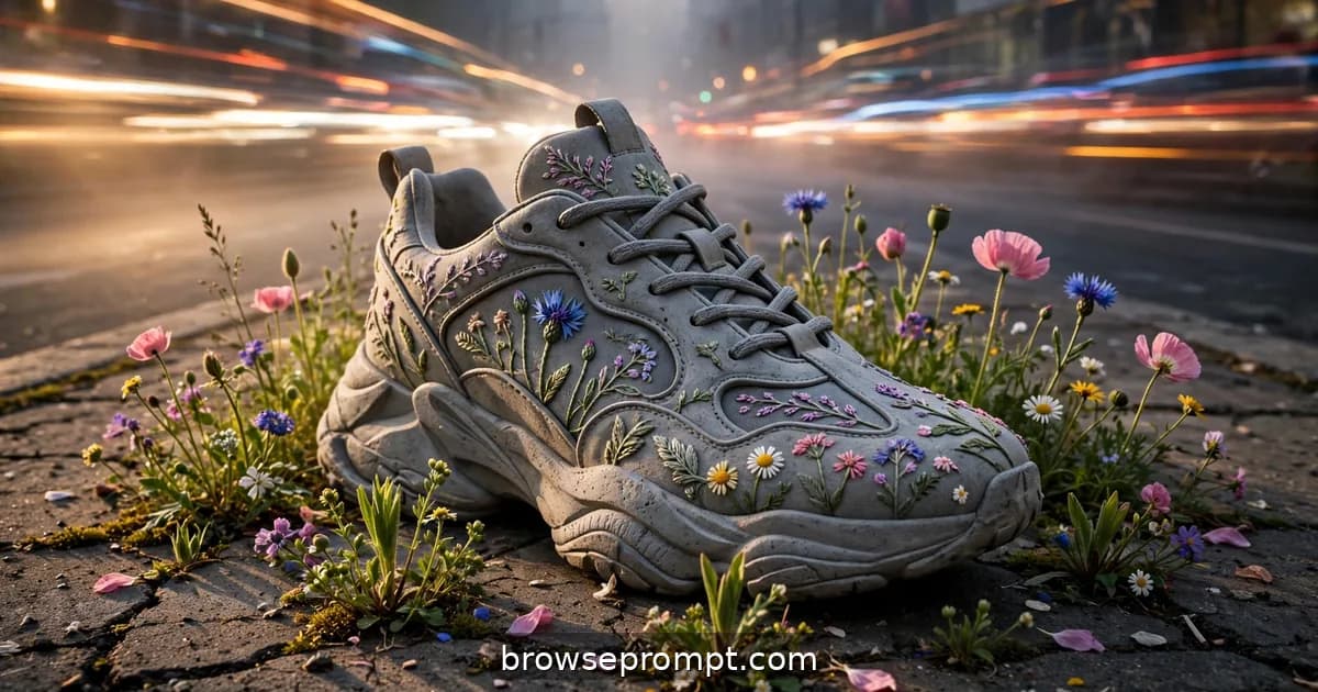 A sculpted grey sneaker with wildflower embroidery on a cracked dawn sidewalk as real blooms push through.