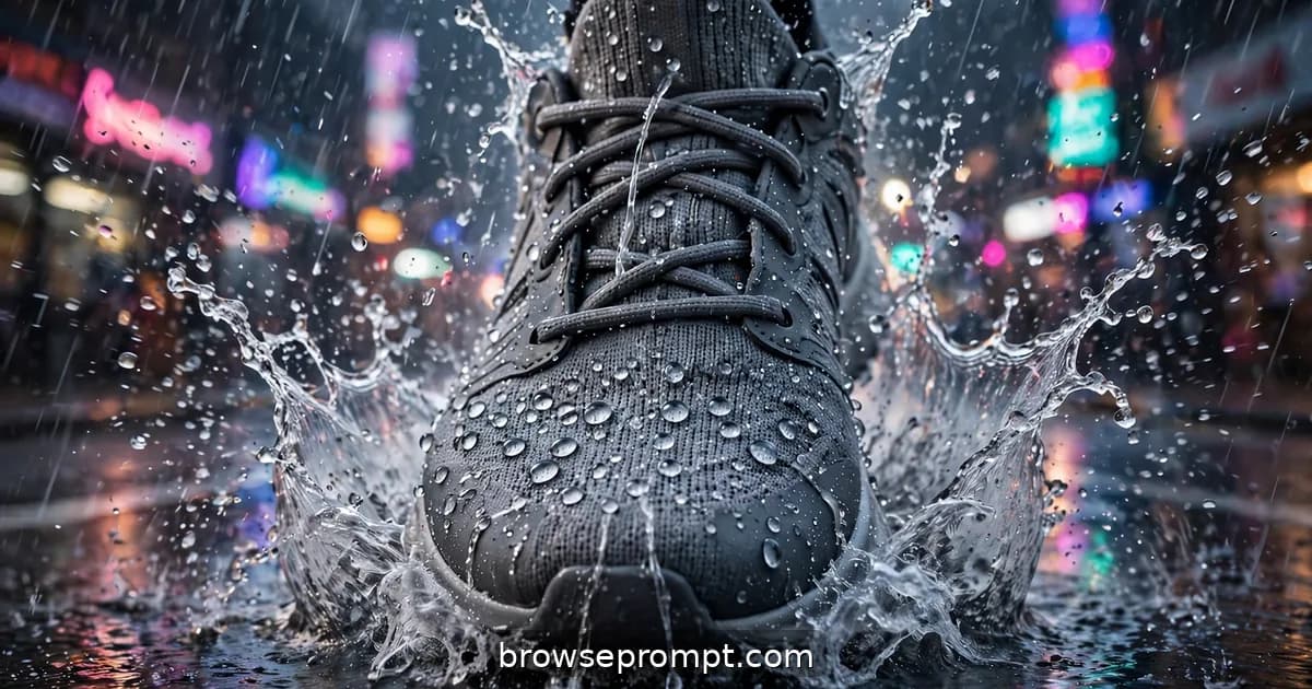 A storm-grey waterproof sneaker in a city downpour, rain beading and rolling off its hydrophobic knit.