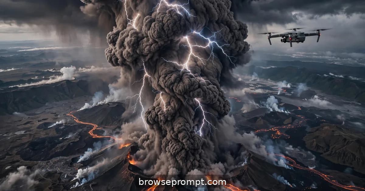 Aerial nature cover art: a drone rises alongside an eruption's ash column, lightning flickering inside the plume.