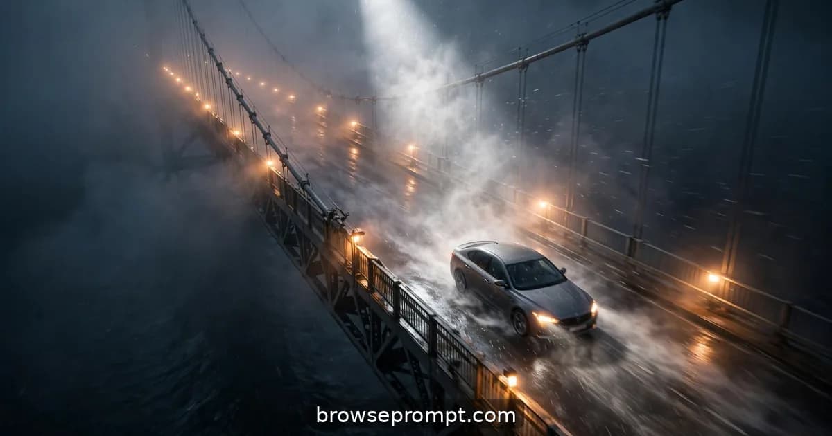 Getaway sedan on a foggy suspension bridge with a helicopter spotlight hunting, cinematic still.