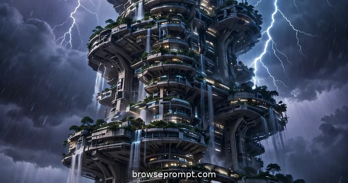 A monsoon storm lashing a towering arcology, lightning forking through its glowing neon crown.