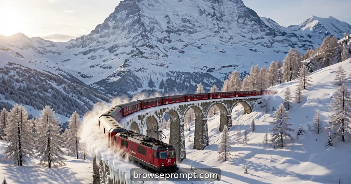 Red Bernina Express train snaking across a snow-buried viaduct beneath white alpine peaks.
