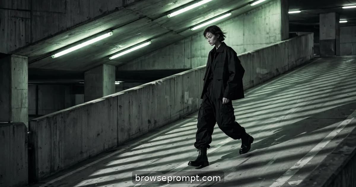 A model in an all-black streetwear fit descends the ramps of a brutalist concrete parking garage under buzzing fluorescents.