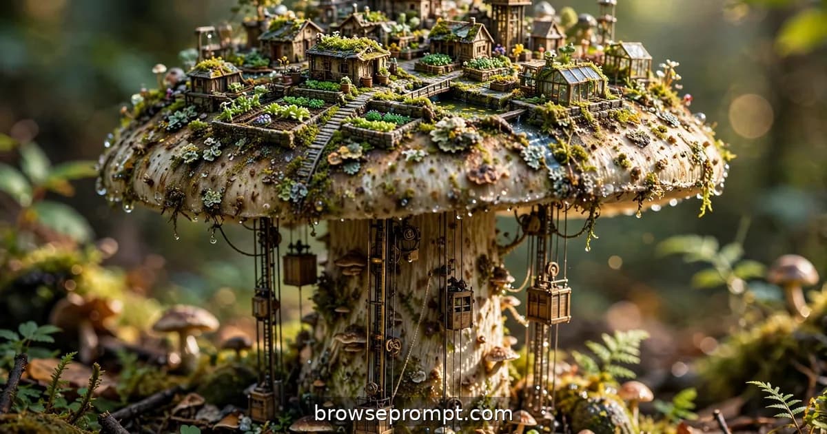 Tilt-shift photo of a tiny metropolis with cap-rooftop gardens thriving on giant mushrooms.