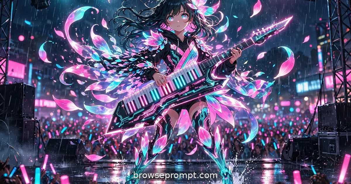 A street musician mid-power-chord transforms into a holographic neon idol as rain turns to sparkling light around her.