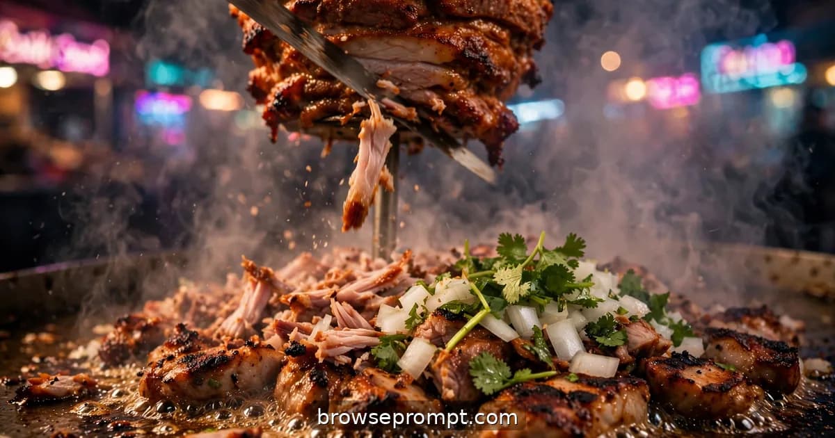 Shaved al pastor pork sizzling on a hot plancha beside the trompo, steam and neon glowing through smoke.