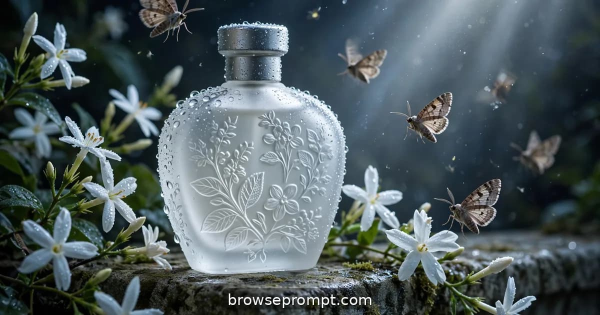 A frosted white perfume bottle on a stone balustrade in a moonlit garden as jasmine blooms around it.