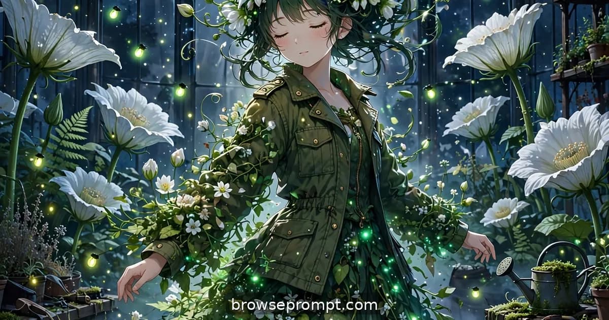 A botany student kneels in a moonlit greenhouse as roots of green-gold light bloom her jacket into living leaves.