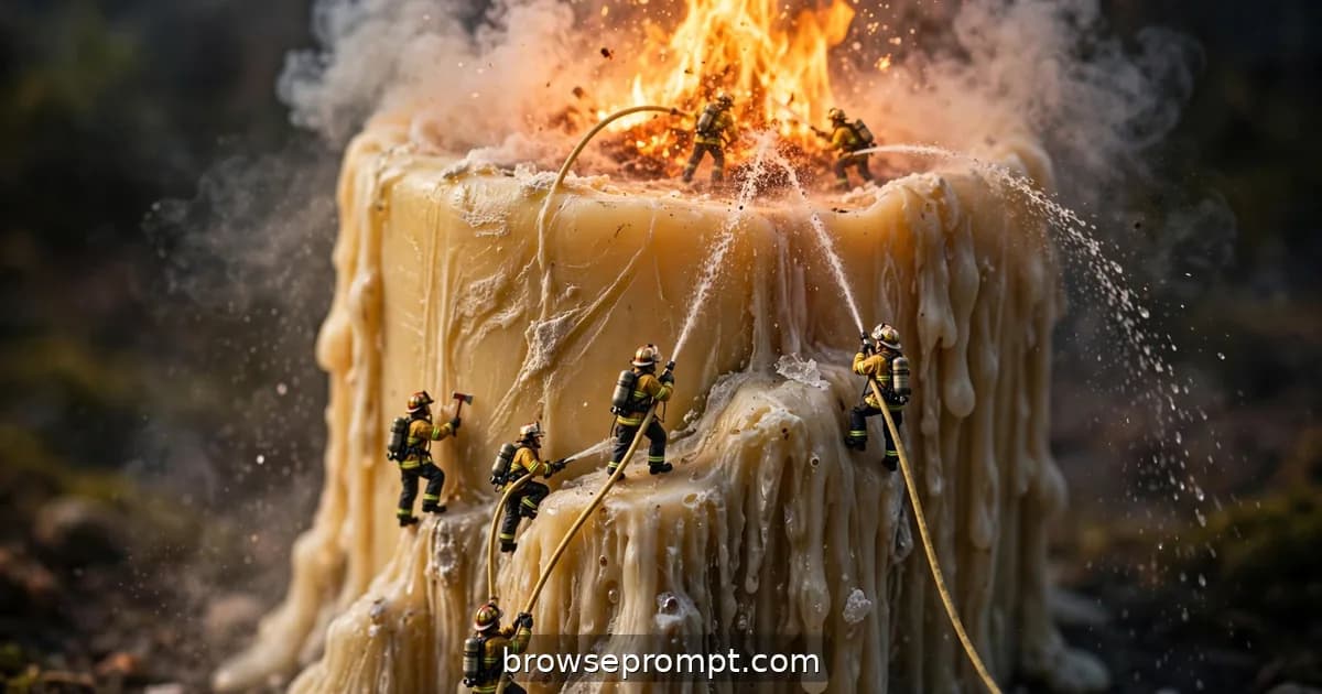 Tilt-shift photo of tiny firefighters climbing a giant birthday candle to battle its raging flame.