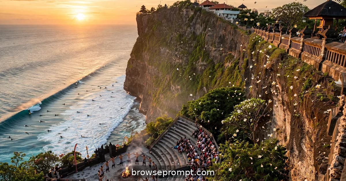 Surfers carving turquoise waves below Uluwatu's cliff temple as the sun drops into the ocean.