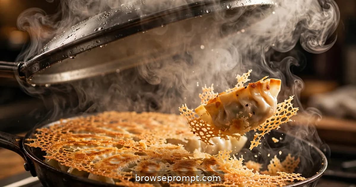 A pan of gyoza inverted onto a plate, revealing a delicate golden lace skirt joining the dumplings.