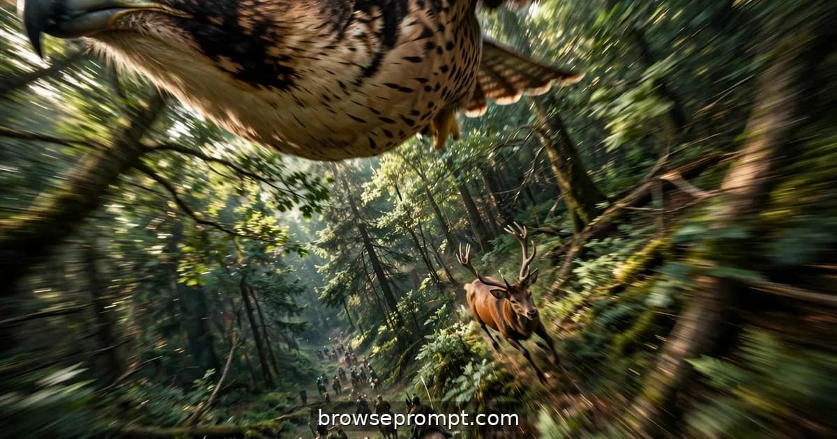 Through a falcon's eyes, joining the royal hunt stooping after a hart in the deep forest.