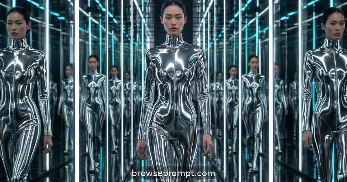 A model in a mirror-polished chrome bodysuit walks a runway walled with facing mirrors, reflections multiplying endlessly.