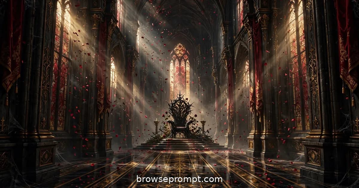 A slow reveal pushing into a coronation hall toward a throne grown from living thorns.