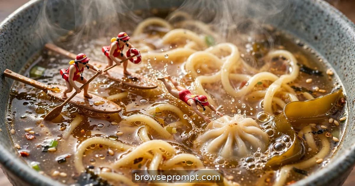 Tilt-shift photo of tiny lifeguards on chopstick surfboards rescuing a dumpling in a steaming ramen bowl.