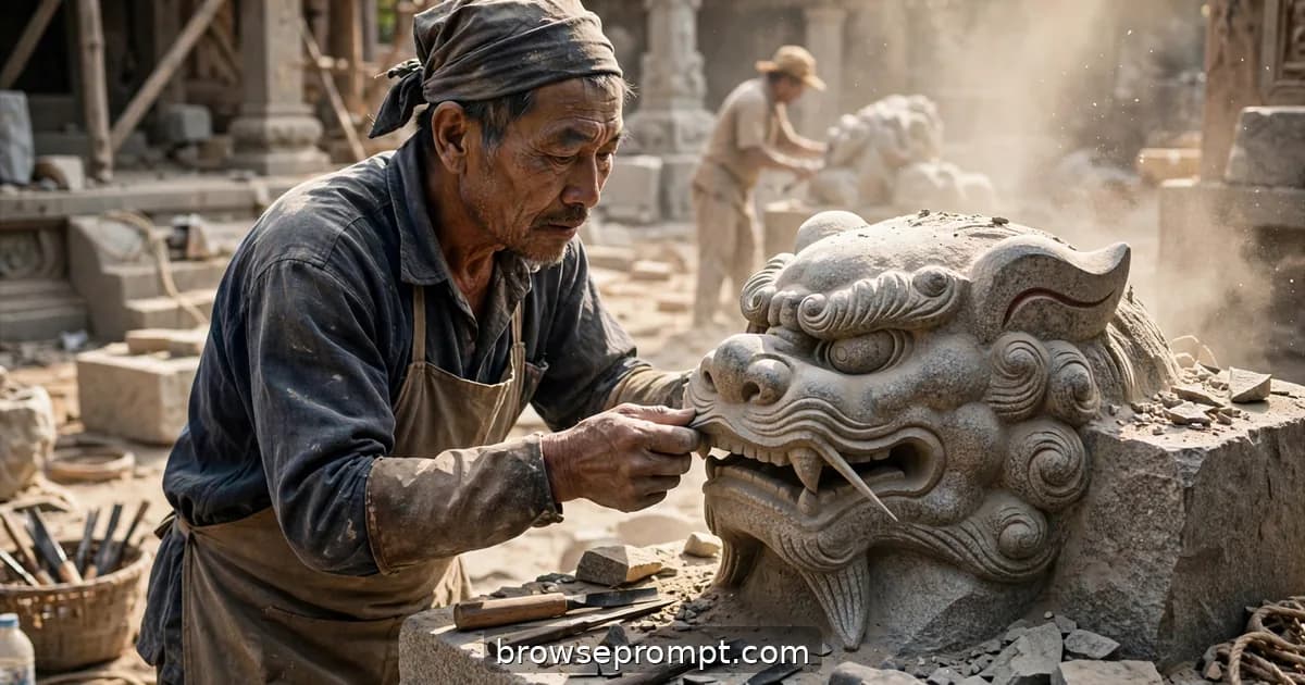 Stone carvers shape a granite guardian lion with ringing point chisels, dust blooming in bright work-yard sun.