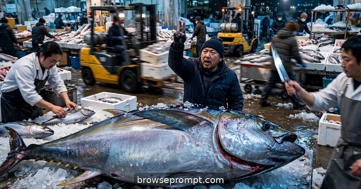 A tuna the size of a man is auctioned under harsh fluorescents at Tokyo's fish market before sunrise.