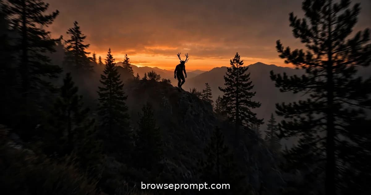 Horror film still: the antlered silhouette, steeped in wilderness exposure dread.
