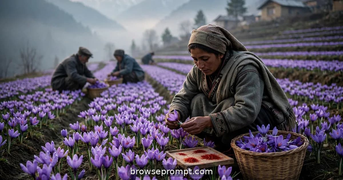 Pickers gather purple crocus flowers at dawn in Kashmir as crimson saffron stigmas are separated thread by thread.