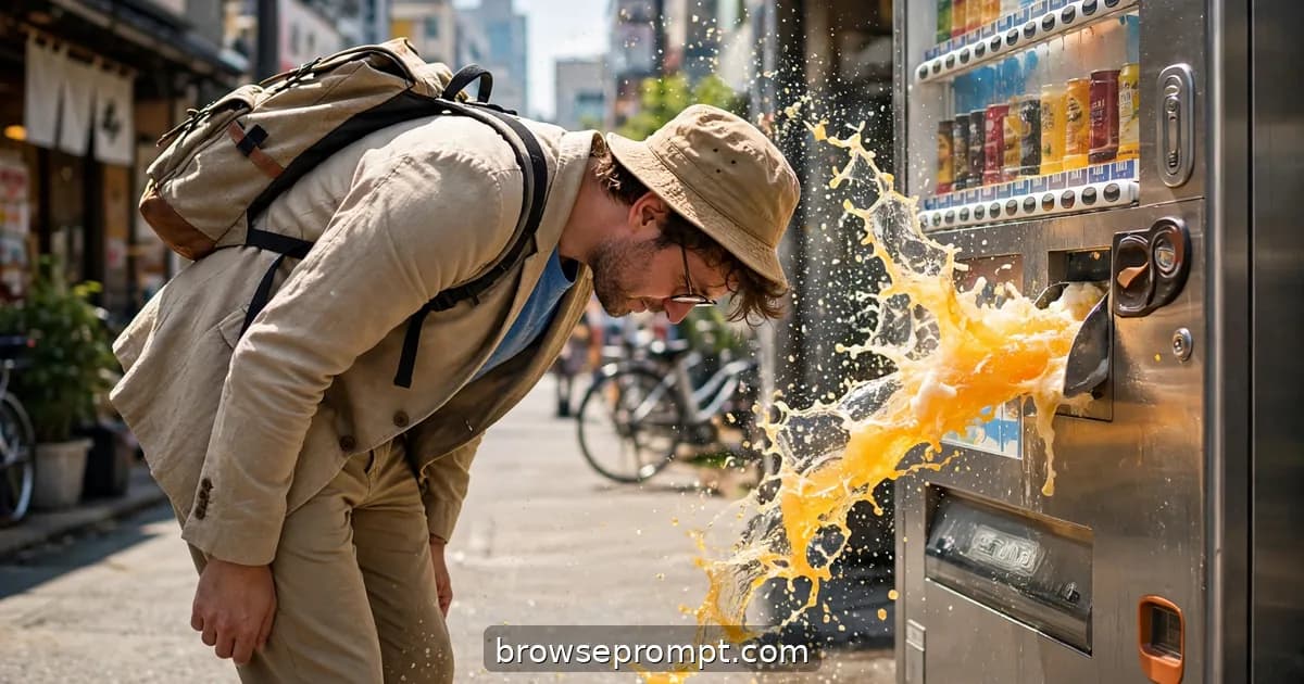 Comedic cover art: a well-meaning tourist in Tokyo bows deeply to a vending machine after it dispenses his drink, starting an accidental ritual.