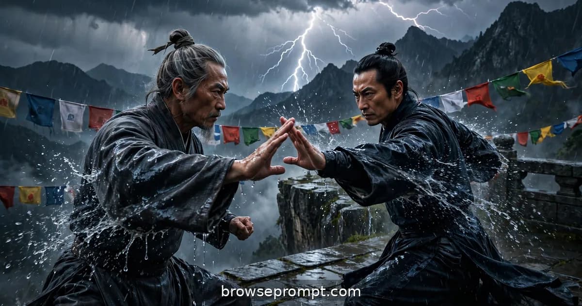 Two masters fighting on a storm-lashed clifftop terrace with lightning behind, cinematic still.