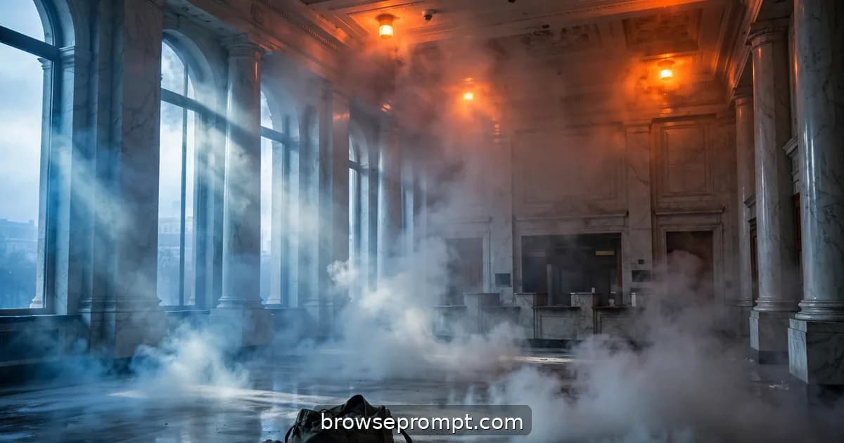 Masked heist crew sprinting through a smoke-filled bank lobby at dawn, cinematic still.
