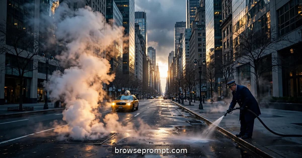 Empty Fifth Avenue at dawn with steam rising from a manhole as sunlight strikes the glass towers.