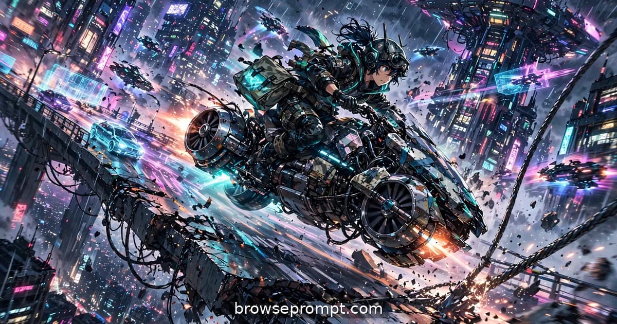 A courier in a fox-eared helmet guns her hover-bike across a tilting skybridge as cables snap behind her.