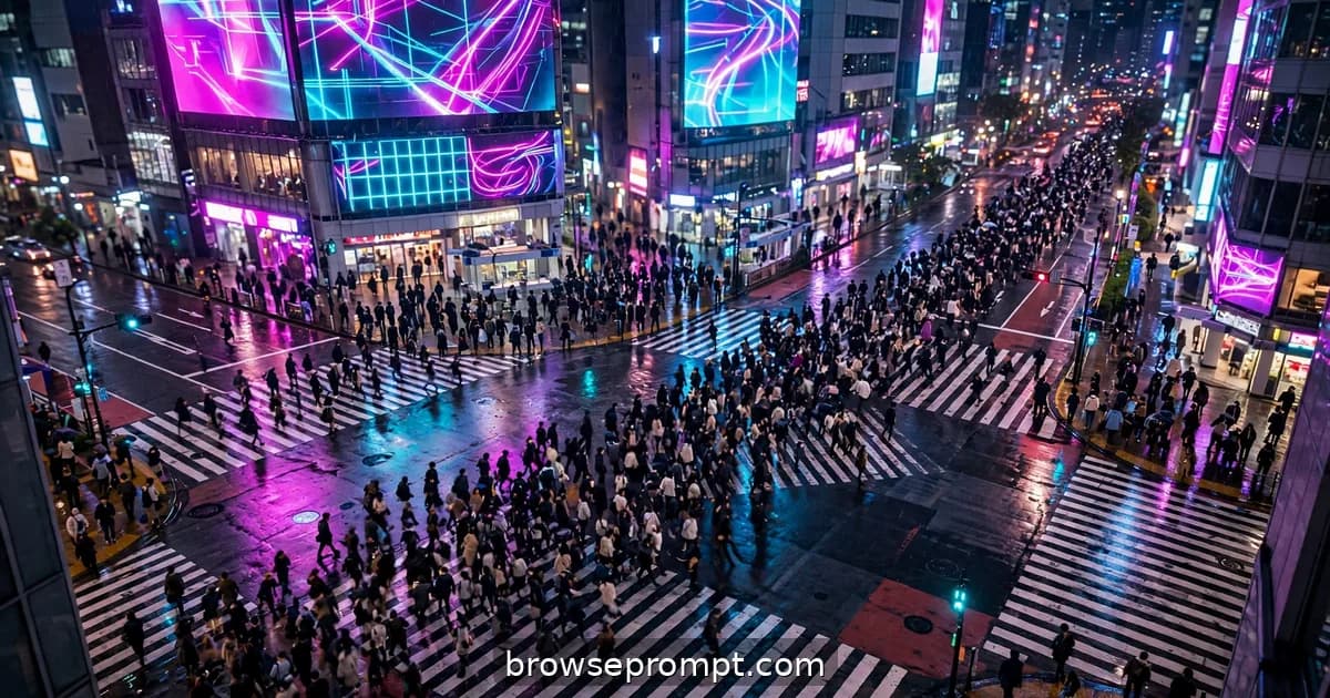 Thousands of pedestrians flooding Shibuya Crossing at night under giant glowing neon screens.