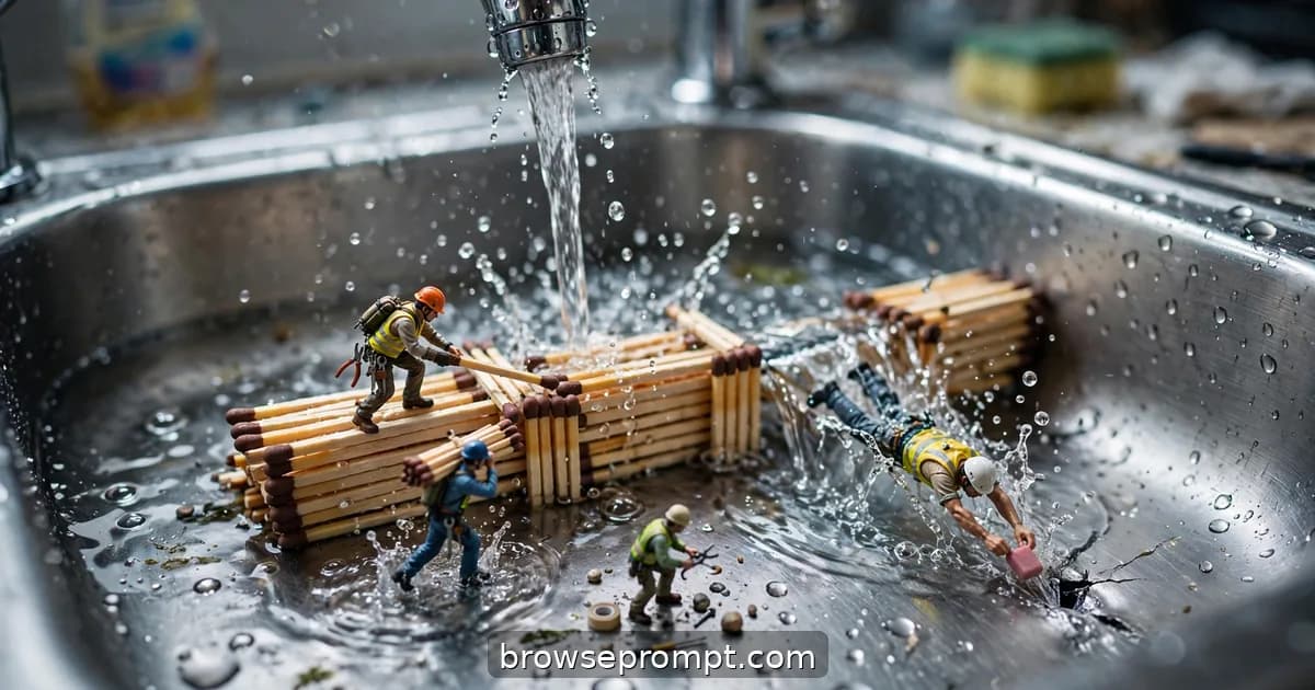 Tilt-shift photo of tiny engineers building a matchstick dam across a sink as the faucet runs.