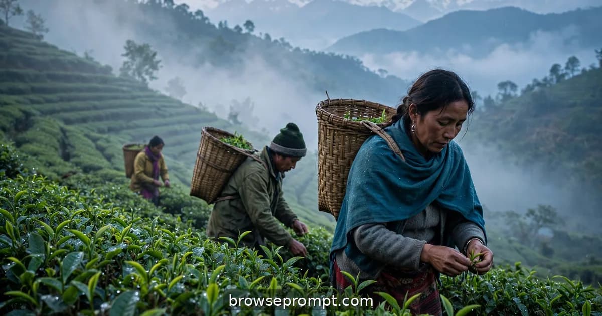 Tea pickers move through misty Darjeeling rows at dawn, baskets filling with two-leaves-and-a-bud first flush.