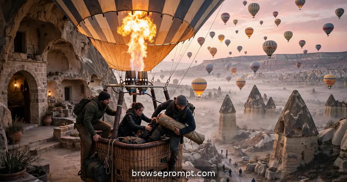 Art thieves lifting off in a stolen hot-air balloon over Cappadocia at dawn, cinematic still.