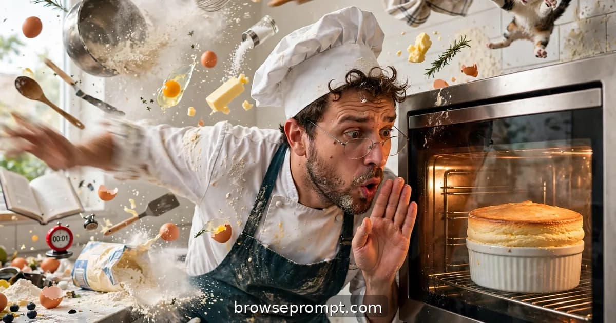 Comedic cover art: a pastry chef babysits a perfect soufflé through oven door glass, whispering encouragement, as everything that can go wrong does.
