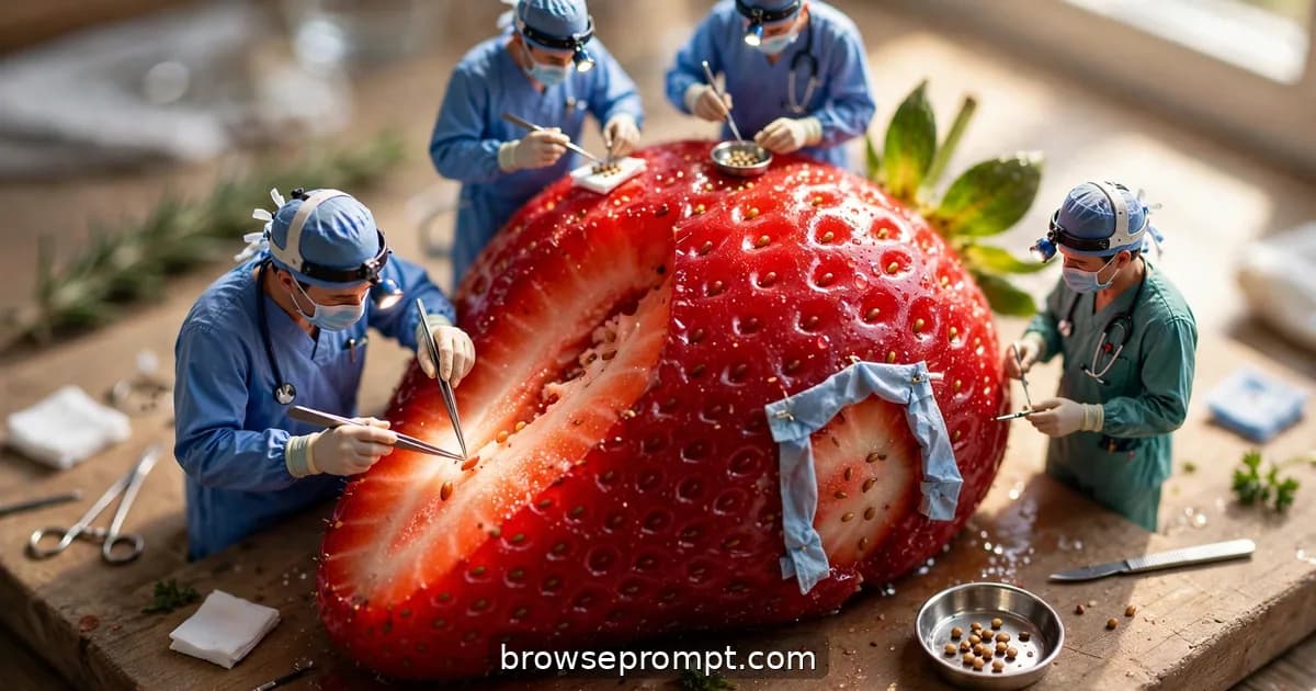 Tilt-shift photo of tiny surgeons in scrubs operating on a giant strawberry on a cutting board.