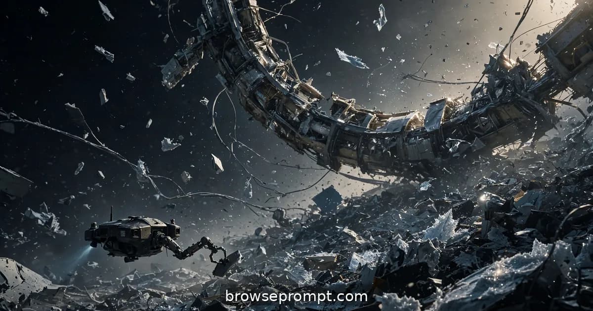 A drone picking through the glittering debris field of a shattered station, a broken ring turning slowly.