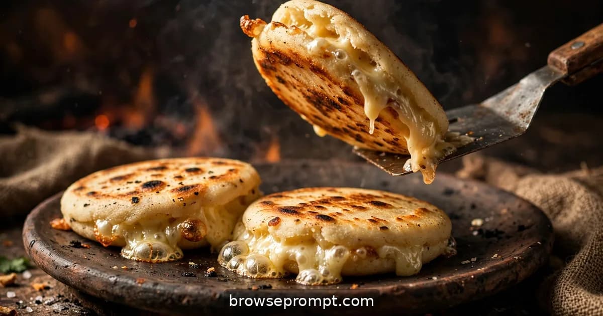 Thick corn arepas sizzling on a clay griddle over flame, molten cheese bubbling from a split seam.