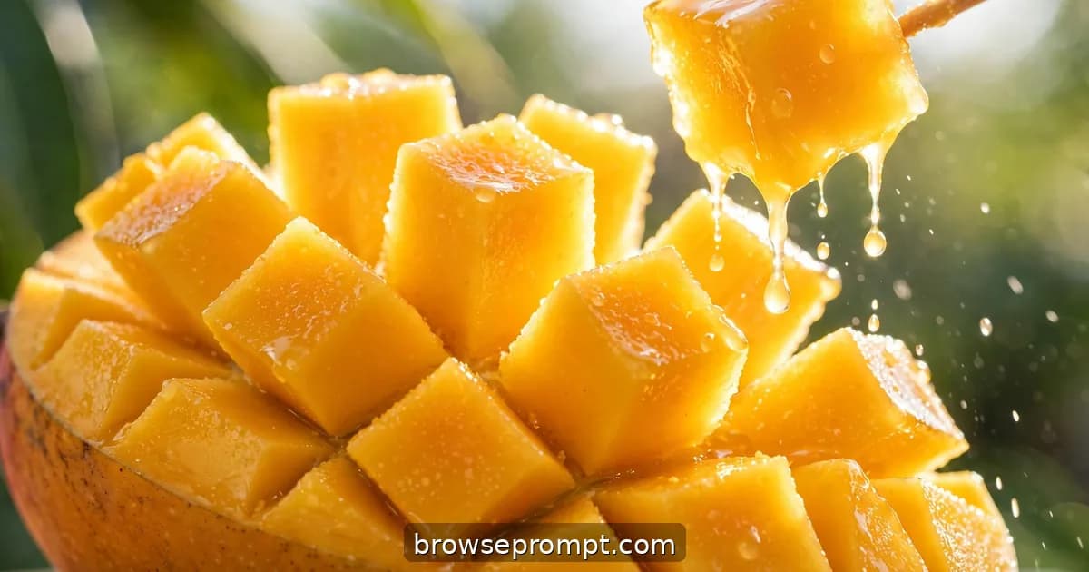 A mango cheek scored in crosshatch and pressed into a blooming hedgehog of glistening golden cubes.