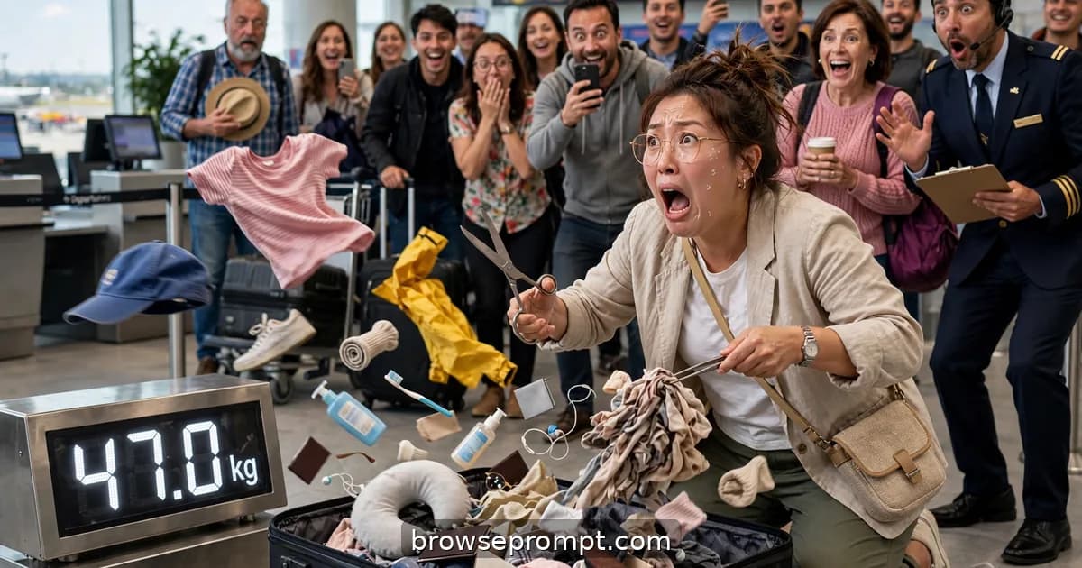 Comedic cover art: at check-in, a tourist's suitcase weighs 47 kilos, and she performs emergency surgery on her luggage in front of a growing audience.